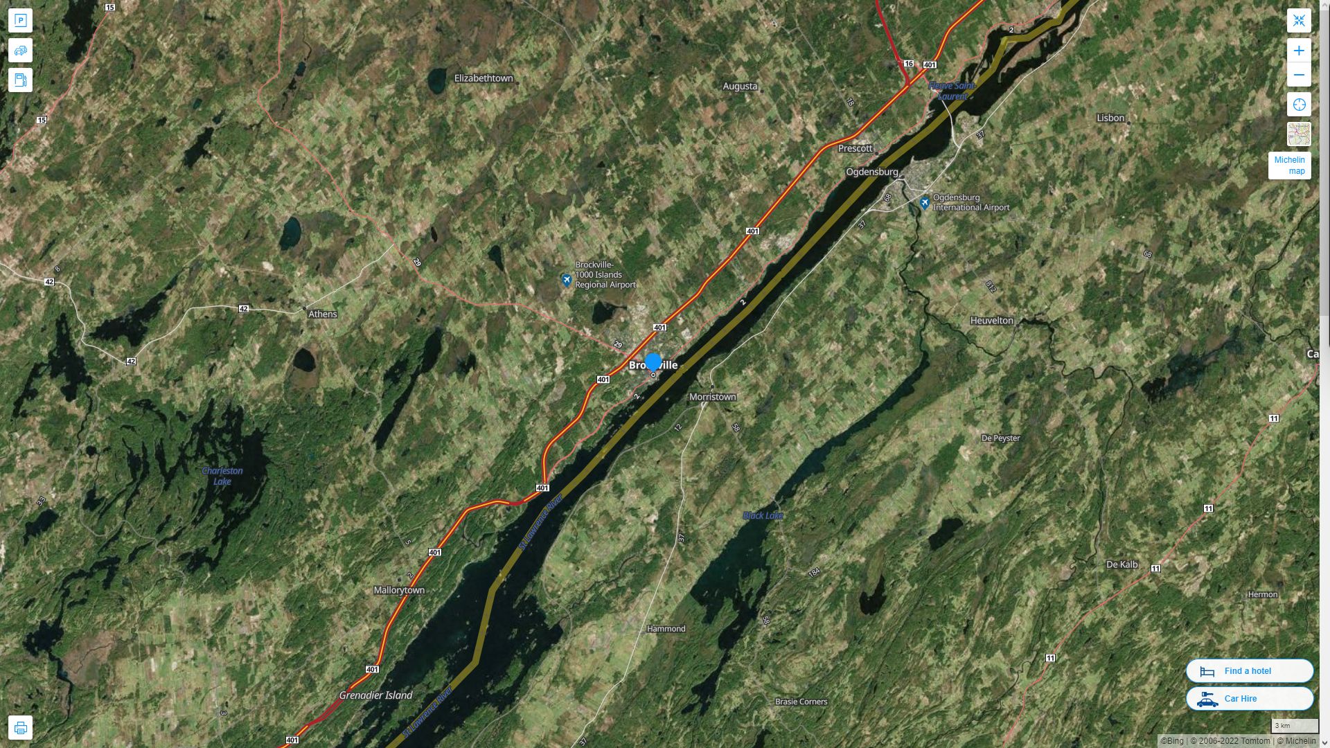 Brockville Canada Autoroute et carte routiere avec vue satellite